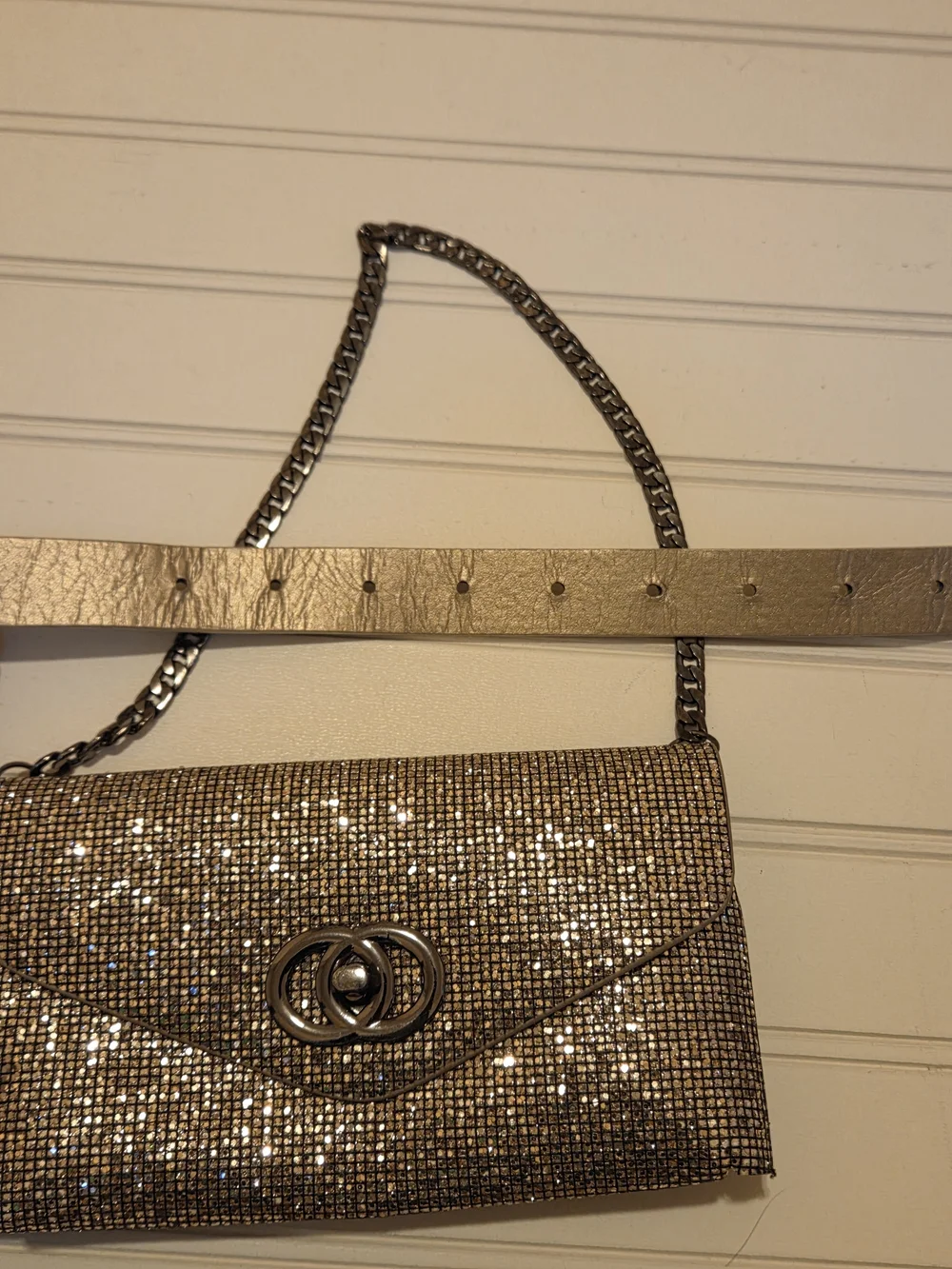 Sparkle Gold Metallic Glitter Belt & Chain Clutch 2 In 1